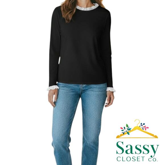 Ann Taylor Black Top – White Ruffle Trim – Long Sleeve – Sz M – RN#77379 – EUC - Picture 1 of 6